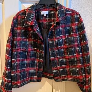 Chic Textured Plaid Bouclé Jacket – Red Multi | Cropped | Size M